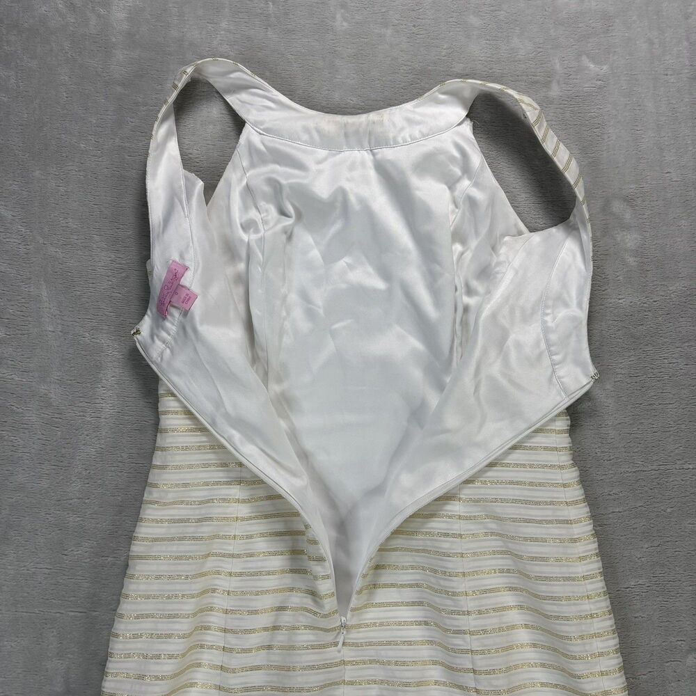 Lilly Pulitzer Henley Dress Womens 0 Cream Gold Metallic Stripe Organza Preppy - Picture 3 of 13